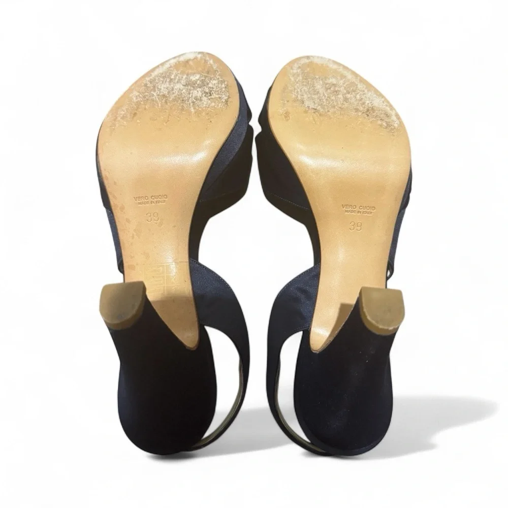 Albano Rich Blue Satin Strappy Heels Size 39 Eur 8.5 US Formal Italy Wedding